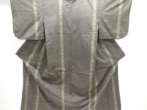 縞に草花模様織り出し手織り紬単衣着物